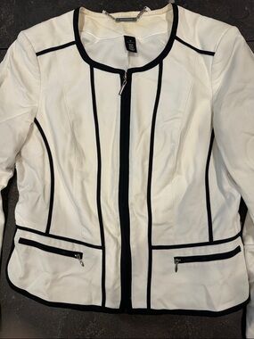 White House Black Market White Blazer with Black Trim Zip Jacket